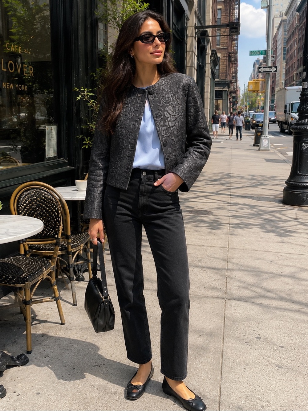 Cropped Black Floral-Jacquard Blazer
